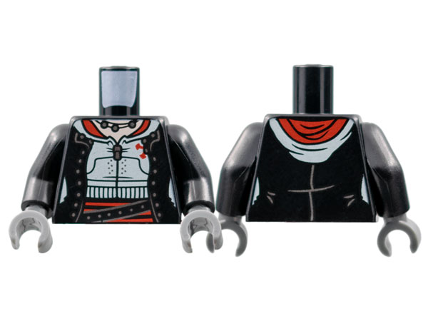 Torso Female Open Jacket with Buttons, White Hoodie, Silver Zipper and Necklace, Red Trim, Belt Pattern / Black Arms / Dark Bluish Gray Hands