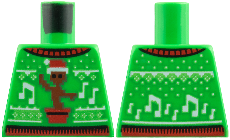 Torso Knit Fair Isle Holiday Sweater with Reddish Brown Baby Groot Wearing Red Santa Hat and White Music Notes Pattern