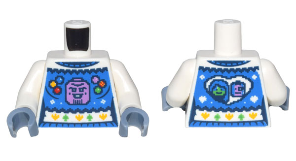 Torso Female Holiday Sweater with Blue Panel, Collar and Waistband, Medium Lavender Thanos Head, Infinity Stones, and Heart with Gamora and Nebula Heads on Back Pattern / White Arms / Sand Blue Hands