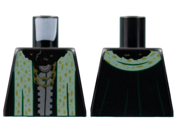 Torso Robe, Black Fur Collar, Gold Necklaces, Sand Green Stole with Gold Spots Pattern