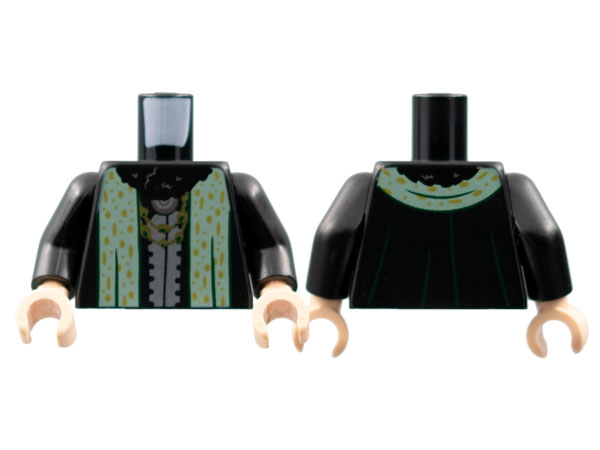 Torso Robe, Black Fur Collar, Gold Necklaces, Sand Green Stole with Gold Spots Pattern / Black Arms / Light Nougat Hands