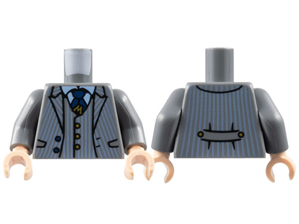 Torso Jacket and Vest with Sand Blue Pinstripes, Dark Blue Tie, Gold Letter M Tack and Buttons Pattern / Dark Bluish Gray Arms / Light Nougat Hands