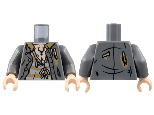 Torso Tattered Jacket, Dark Tan and Light Bluish Gray Striped Shirt, Light Nougat Chest, Black Rune Tattoo Pattern / Dark Bluish Gray Arms / Light Nougat Hands