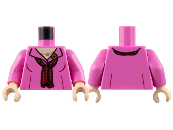 Torso Shirt, Open Collar, Light Nougat Neck, Gold Necklace and Flower Pin, Dark Red Scarf Pattern / Dark Pink Arms / Light Nougat Hands