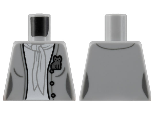 Torso Female Open Jacket with 3 Buttons, Silver Cat Pin, White Blouse and Scarf Pattern