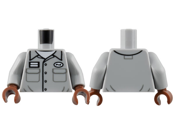 Torso Button Up Shirt with 4 Pockets and Name Patch, White T-Shirt Pattern / Light Bluish Gray Arms / Reddish Brown Hands