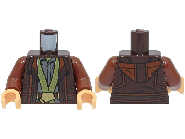 Torso Jacket with Hood, Dark Bluish Gray Shirt, Olive Green Trim, Reddish Brown Belt with Gold Buckle Pattern / Reddish Brown Arms / Medium Tan Hands