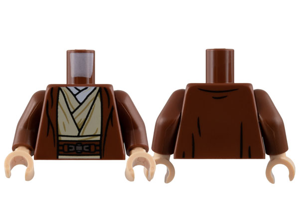 Torso Jedi Robe and Sash, Tan Tunic, White Shirt, Silver Buckle Pattern / Reddish Brown Arms / Light Nougat Hands