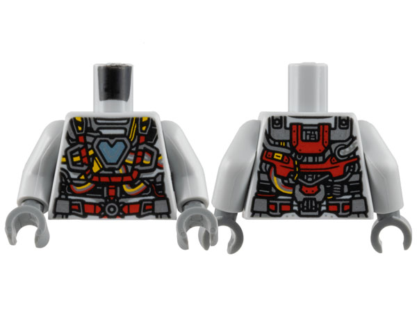 Torso Female Armor, Shiny Blue Arc Reactor, Red and Yellow Piping and Trim Pattern / Light Bluish Gray Arms / Dark Bluish Gray Hands