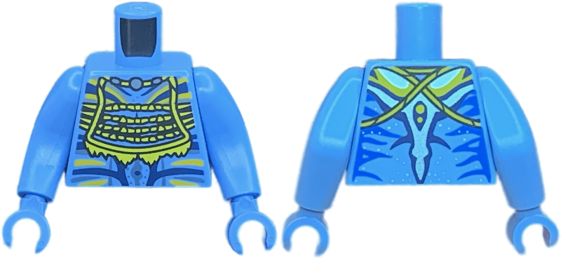 Torso Na'vi with Blue Markings, Yellow Tribal Vest, Silver Spots, and Bright Light Orange and Dark Blue War Paint Pattern / Medium Blue Arms Long / Medium Blue Hands