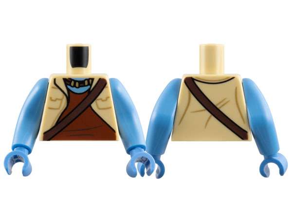 Torso Na'vi Vest Open with Pockets over Reddish Brown Shirt, Dark Brown Strap and Necklace, Medium Blue Neck Pattern / Medium Blue Arms Long / Medium Blue Hands