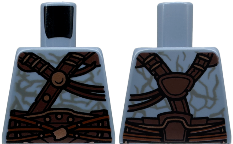 Torso Armor Dark Brown and Dark Orange Straps with Copper Trim over Alien Skin with Dark Bluish Gray Contours Pattern