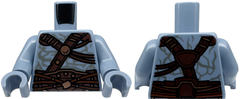 Torso Armor Dark Brown and Dark Orange Straps with Copper Trim over Alien Skin with Dark Bluish Gray Contours Pattern / Sand Blue Arms / Sand Blue Hands