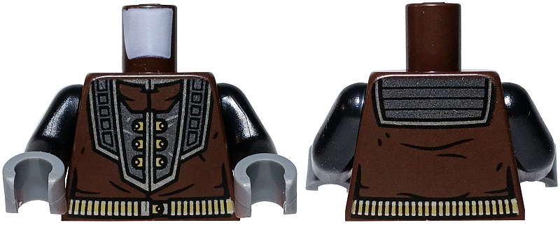 Torso Armor Silver and Pearl Dark Gray Breastplate over Jacket, Dark Tan Buttons and Ammunition Belt Pattern / Black Arms / Dark Bluish Gray Hands