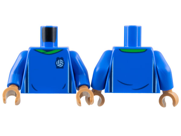 Torso Soccer Uniform, Bright Green Collar, White and Dark Blue Side Stripes, Soccer Ball on Brick Logo Pattern / Blue Arms / Medium Nougat Hands