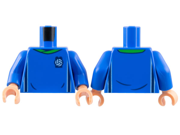 Torso Soccer Uniform, Bright Green Collar, White and Dark Blue Side Stripes, Soccer Ball on Brick Logo Pattern / Blue Arms / Nougat Hands