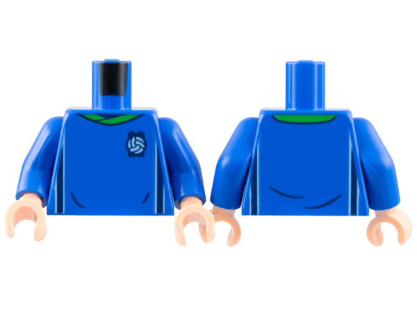 Torso Soccer Uniform, Bright Green Collar, White and Dark Blue Side Stripes, Soccer Ball on Brick Logo Pattern / Blue Arms / Light Nougat Hands