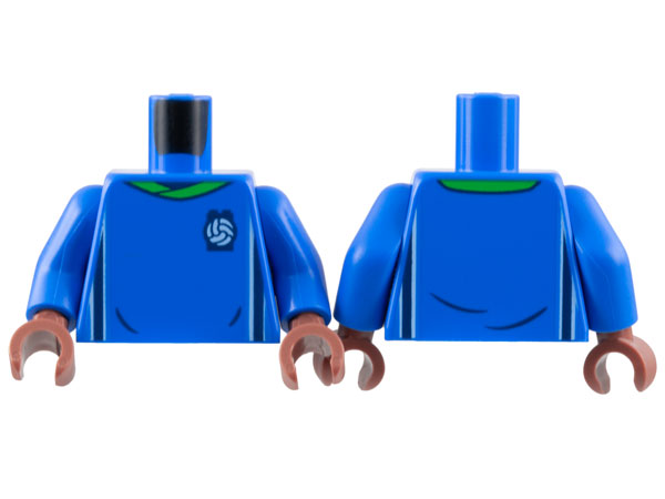 Torso Soccer Uniform, Bright Green Collar, White and Dark Blue Side Stripes, Soccer Ball on Brick Logo Pattern / Blue Arms / Reddish Brown Hands