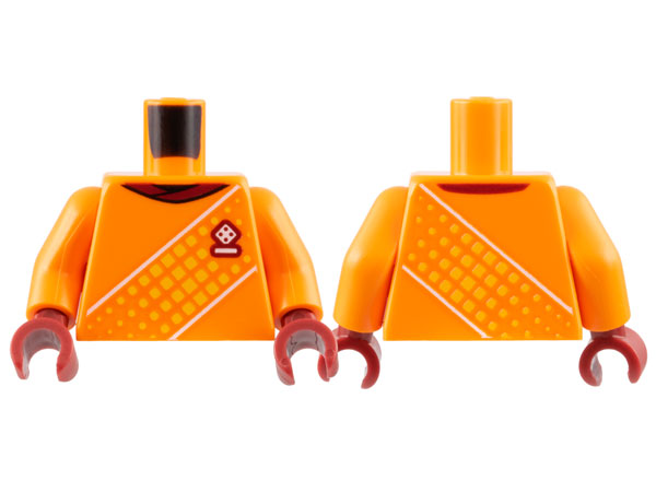 Torso Soccer Uniform, Dark Red Neck, Dice Logo, White and Dotted Yellow Diagonal Stripes Pattern / Orange Arms / Dark Red Hands