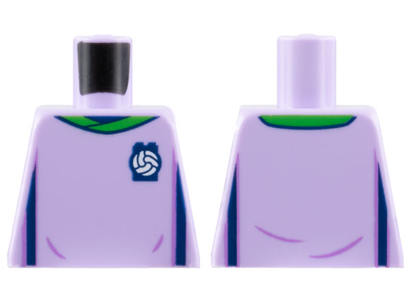 Torso Soccer Uniform, Bright Green Collar, White Ball on Dark Blue Brick Logo, Dark Blue Side Stripes Pattern