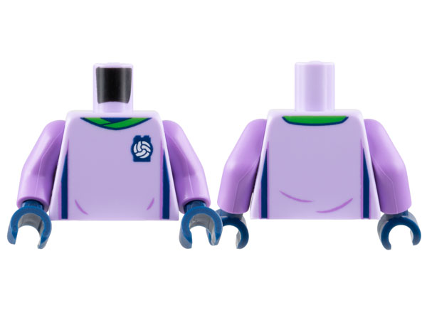Torso Soccer Uniform, Bright Green Collar, White Ball on Dark Blue Brick Logo, Dark Blue Side Stripes Pattern / Medium Lavender Arms / Dark Blue Hands