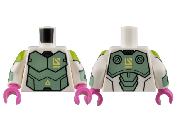 Torso Armor Sand Green Breastplate, Bright Light Yellow Triangle and Logo Pattern / White Arms with Lime and Sand Green Armor Pattern / Dark Pink Hands