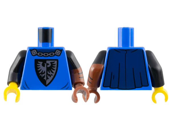 Torso Castle Black Falcon with Silver Chain, Dark Blue Cape Pattern / Reddish Brown Arm Left with Black Short Sleeve and Chevrons Pattern / Black Arm Right / Reddish Brown Hand Left / Yellow Hand Right