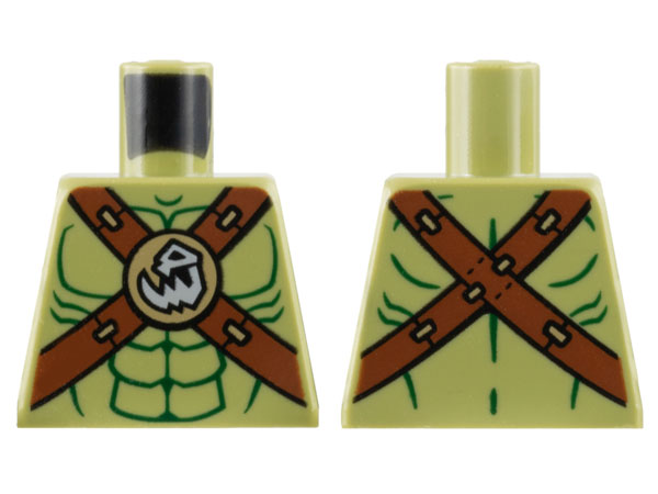 Torso Bare Chest, Dark Green Contour Lines, Reddish Brown Crossbelts with Skull Clasp Pattern