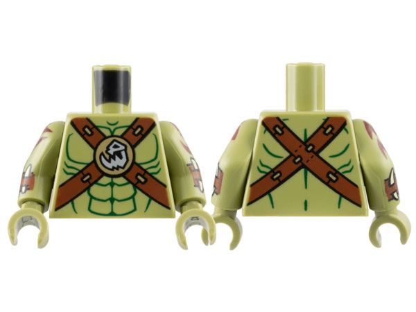Torso Bare Chest, Dark Green Contour Lines, Reddish Brown Crossbelts with Skull Clasp Pattern / Olive Green Arms with Reddish Brown Cuffs and Zigzag Tattoos Pattern / Olive Green Hands