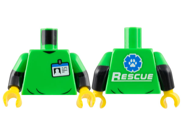 Torso Shirt with Name Badge, White and Blue 'RESCUE' and Paw Print Logo on Back Pattern / Black Arms with Molded Bright Green Short Sleeves Pattern / Yellow Hands