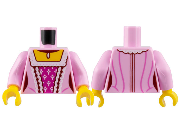 Torso Female Dress, Yellow Neck, White and Dark Red Laces, Dark Pink Stripes, Magenta Center Panel Pattern / Bright Pink Arms / Yellow Hands