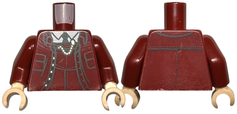 Torso Suit Jacket Open with Pockets and Gold Buttons over Vest and White Shirt, Black Tie, Watch Chain Pattern / Dark Red Arms / Light Nougat Hands