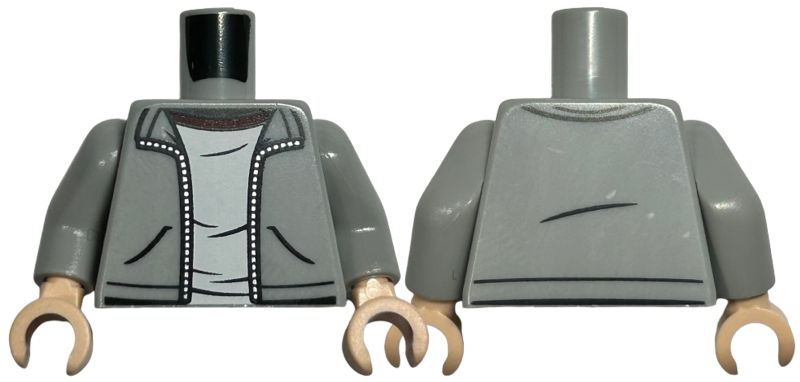 Torso Open Jacket with Silver Zipper over White T-Shirt with Dark Red Collar Pattern / Light Bluish Gray Arms / Light Nougat Hands