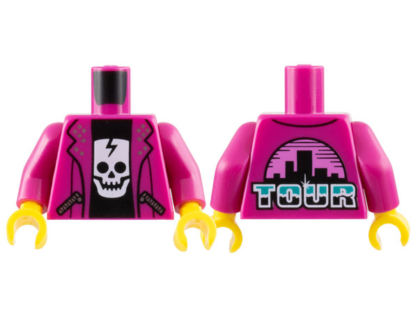 Torso Jacket Open with Pockets with Silver Zippers over Black Shirt with White Cracked Skull, 'TOUR' and City Skyline on Back Pattern / Magenta Arms / Yellow Hands