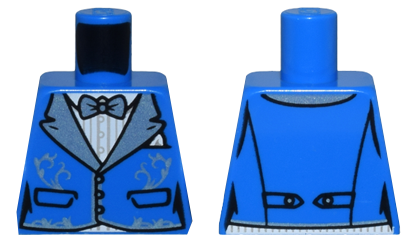 Torso Vest with Pockets, Metallic Light Blue Wide Lapels and Filigree over White Striped Shirt, Bow Tie Pattern