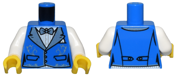 Torso Vest with Pockets, Metallic Light Blue Wide Lapels and Filigree over White Striped Shirt, Bow Tie Pattern / White Arms / Yellow Hands