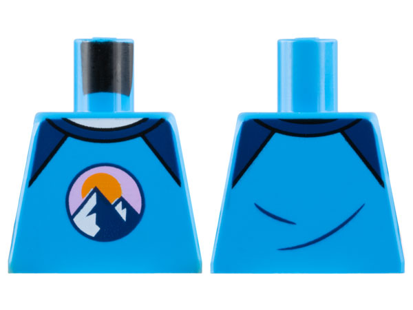 Torso Shirt, Dark Blue Shoulders, 2 Mountains and Orange Sun in Bright Pink Circle Pattern