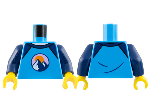 Torso Shirt, Dark Blue Shoulders, 2 Mountains and Orange Sun in Bright Pink Circle Pattern / Dark Blue Arms / Yellow Hands