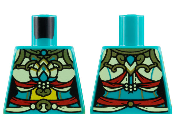 Torso Female Top, Yellowish Green Ornate Costume, Red Ribbons, Gold Trim, Yellow Midriff Pattern