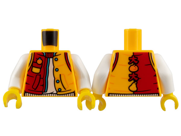 Torso Jacket, Red on Right, Medium Azure Snaps and Hem, Fruit and Chinese Logogram '大' (Big) on Back, White Shirt Pattern / White Arms / Yellow Hands