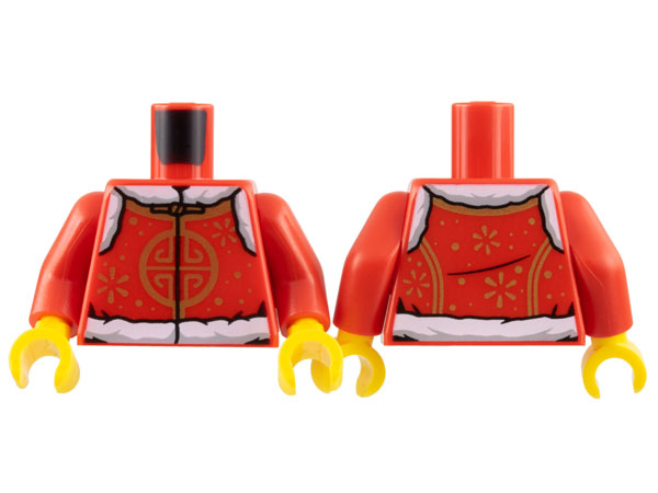 Torso Coat, White Fur Lining, Gold Lacing, Circle Design, Snowflakes and Dots Pattern / Red Arms / Yellow Hands