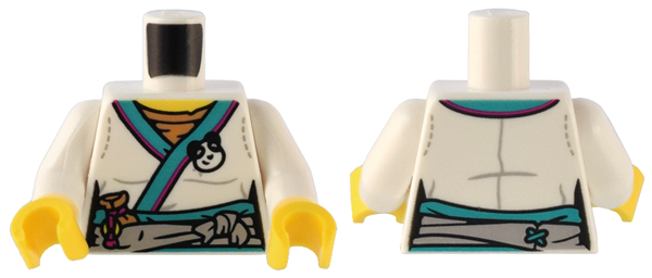 Torso Female Robe with Dark Turquoise Trim, Light Bluish Gray Sash with Knot, Panda Pin, and Drawstring Pouch Pattern / White Arms / Yellow Hands