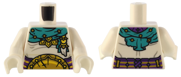 Torso Dark Turquoise Wrap with Ornaments, Round Gold Armor Belt, Bare Skin with Light Bluish Gray Lines Pattern / White Arms / White Hands