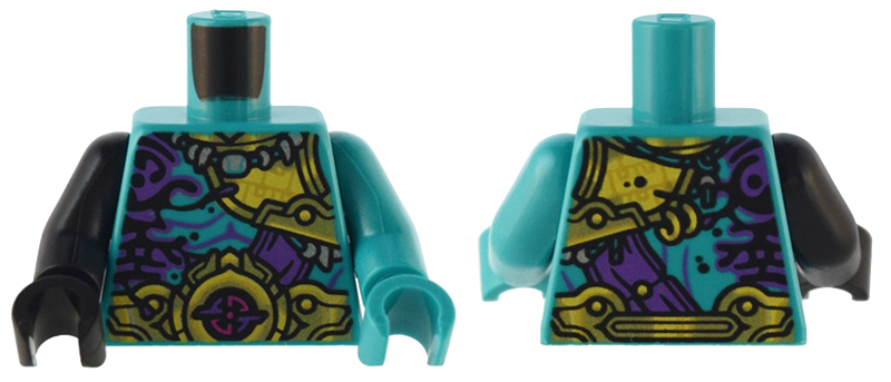 Torso Armor with Gold and Yellow Plates, Round Belt with Emblem, Dark Purple Ink Pattern / Dark Turquoise Arm and Hand Left / Black Arm and Hand Right