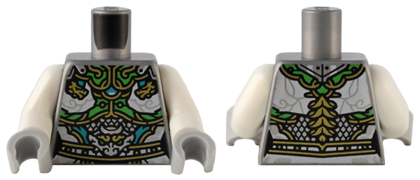 Torso Female Armor with Bright Green and Gold Plates, White Clouds, and Silver Dragon Head Pattern / White Arms / Light Bluish Gray Hands