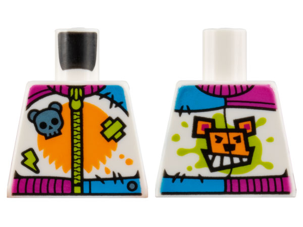 Torso Jumpsuit, Orange Panel, Metallic Light Blue Bear Skull, Lime Zipper, Patch and Lightning Pattern