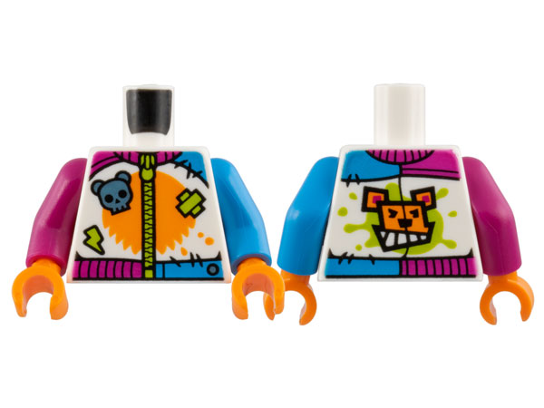 Torso Jumpsuit, Orange Panel, Metallic Light Blue Bear Skull, Lime Zipper, Patch and Lightning Pattern / Dark Azure Arm Left / Magenta Arm Right / Orange Hands