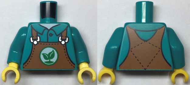 Torso Dark Orange Overalls with Green Sprout with 2 Leaves on White Circle Pattern / Dark Turquoise Arms / Yellow Hands