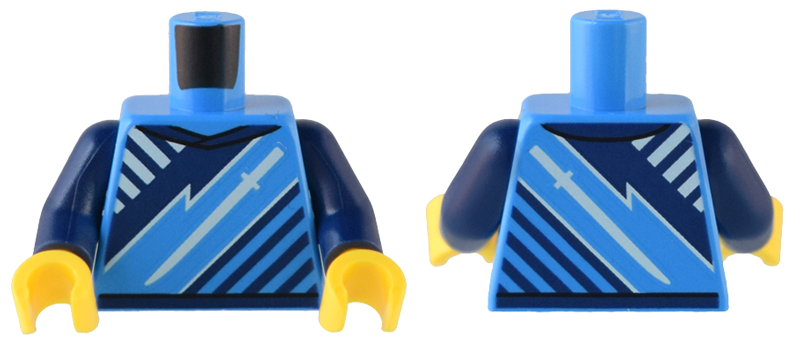 Torso T-Shirt with White Sword and Angled Dark Blue Lines Pattern / Dark Blue Arms / Yellow Hands