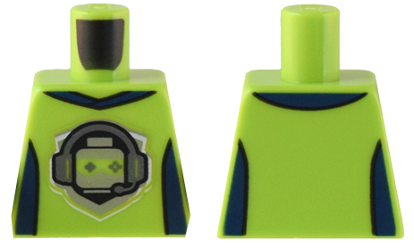 Torso T-Shirt with Gaming Logo Minifigure Head with Headset and Game Controller Sunglasses, Dark Blue Collar and Side Panels Pattern